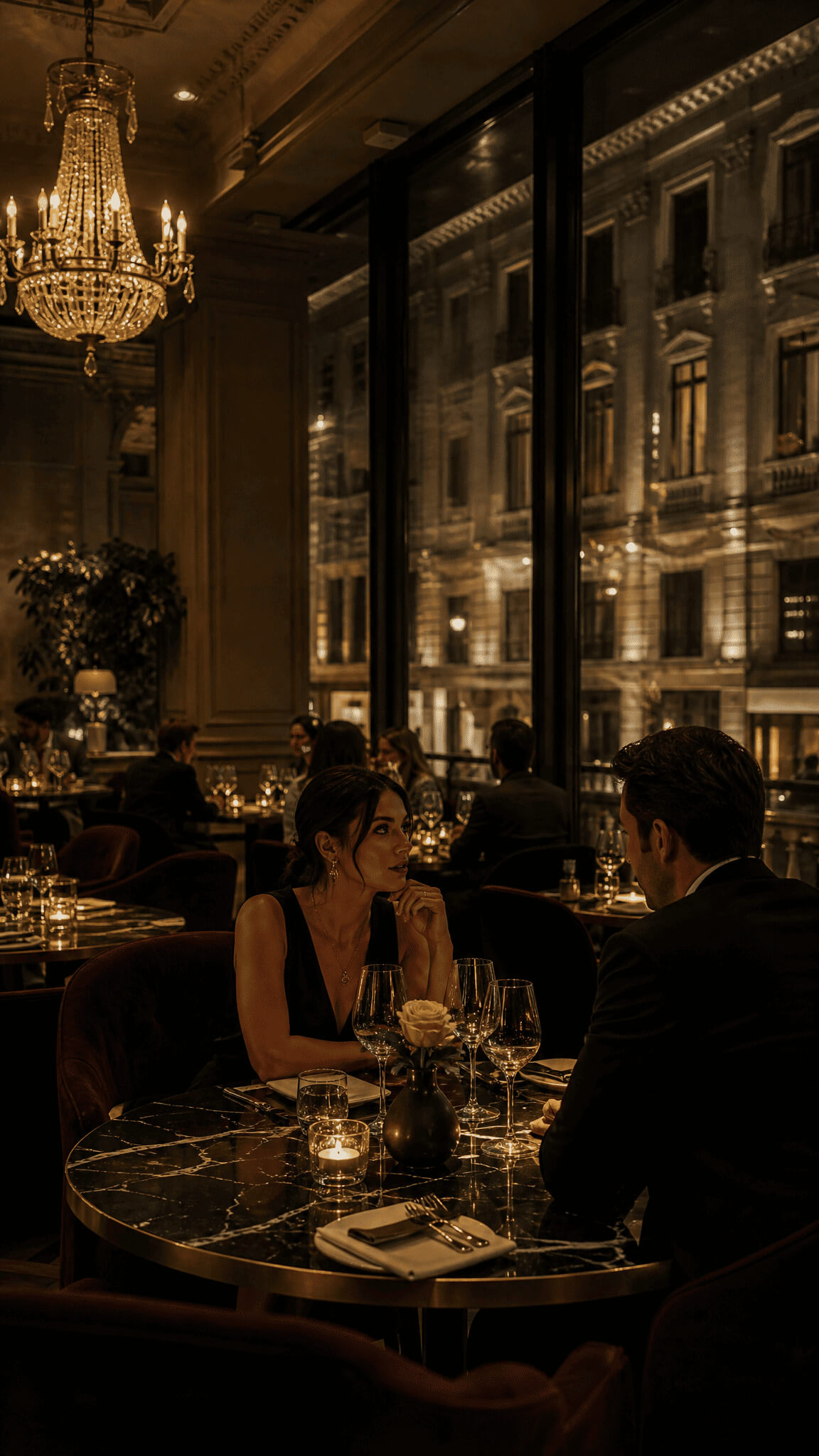 Ristorante moderno ed elegante con lampadari di cristallo