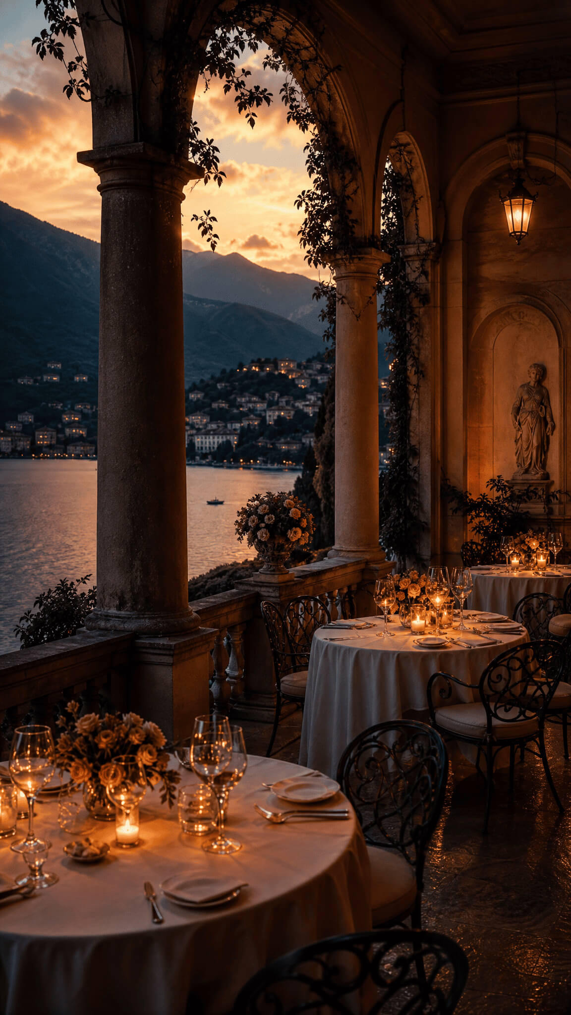 Terrazza di una villa sul lago al tramonto con tavoli apparecchiati