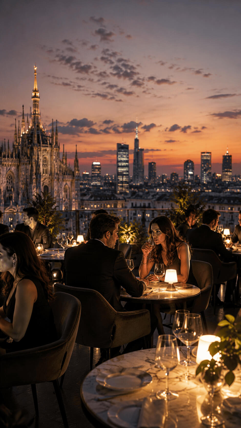 Rooftop con vista sul Duomo di Milano al tramonto
